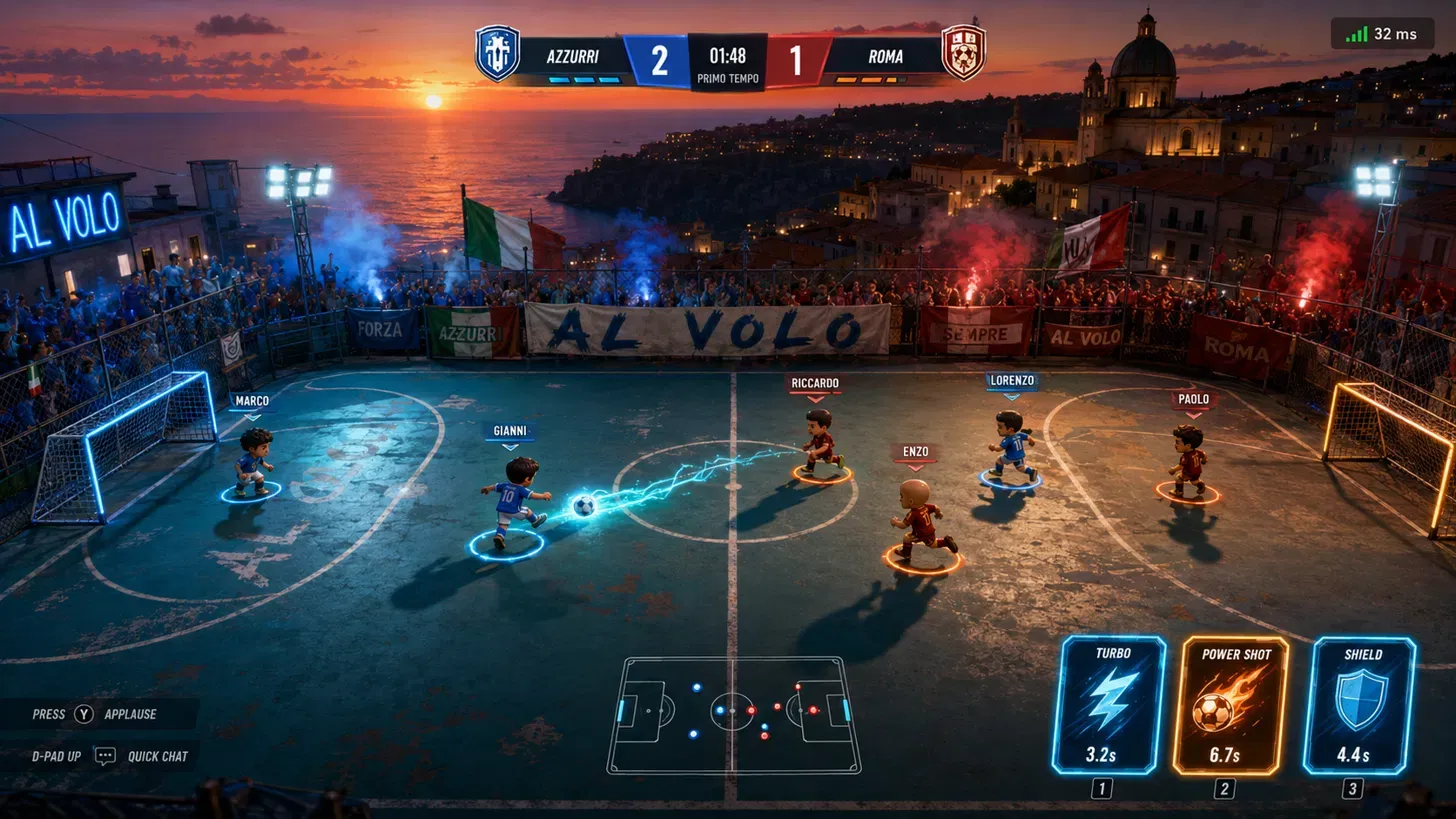 Concept art for Al Volo, a neon-lit futsal cage at dusk with low-poly players.