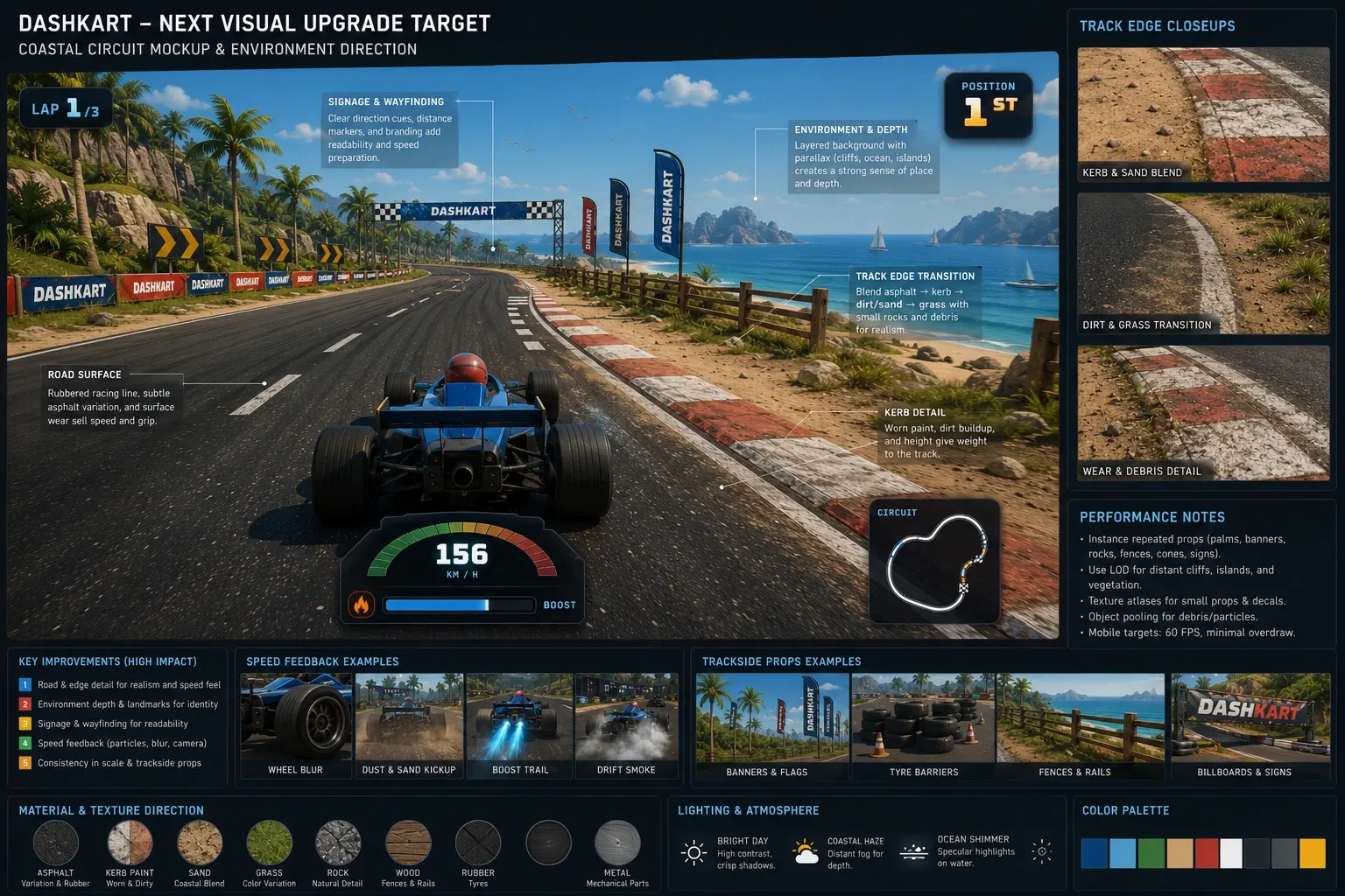 Dash Kart 3D, a colorful tropical kart race track viewed from behind the player.