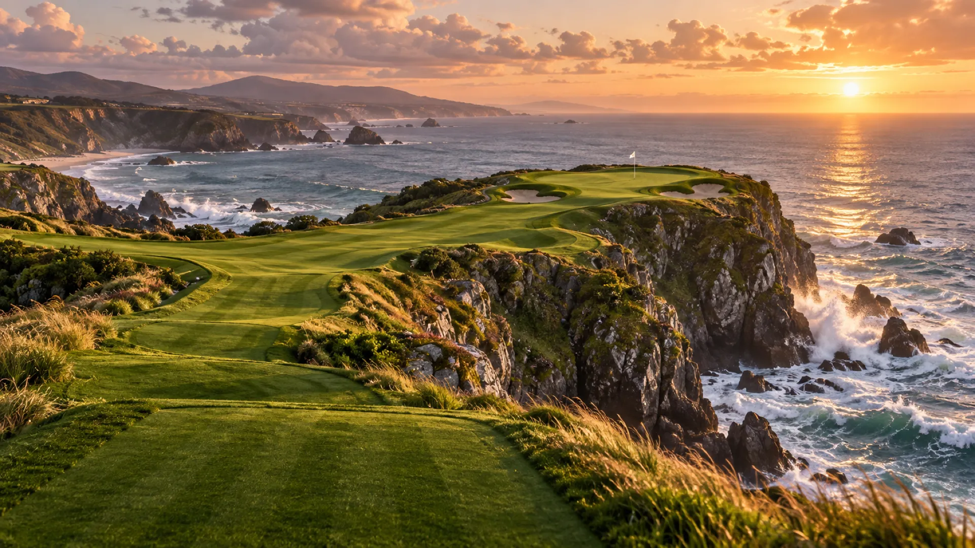 A coastal footgolf hole at sunset, the green running out along a cliff above breaking surf.