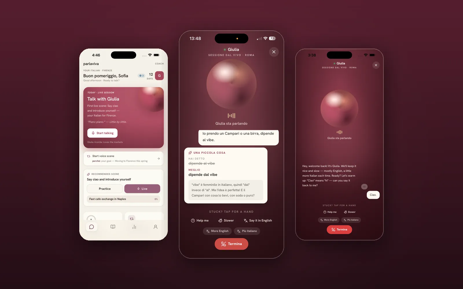 Three Parlaviva screens: the coach home, a live call correcting a spoken mistake, and Giulia mid-conversation.